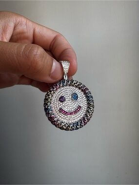 Iced Out Smiley Face Pendant - W/ Multicolor Crystal Accents